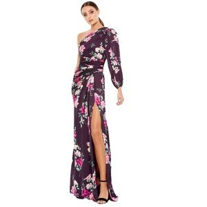 IEENA FOR MAC DUGGAL Plum Floral Print One Sleeve Charmeuse Pleated Gown Size L